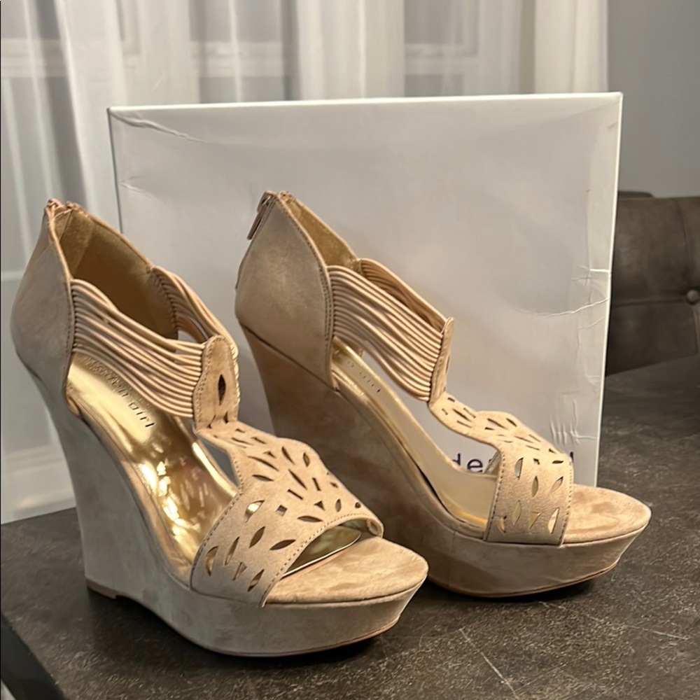 Madden Girl Tan Wedge Sandals with Peep-Toe Design